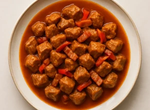 Cūkgaļas gulašs ar speķi un papriku