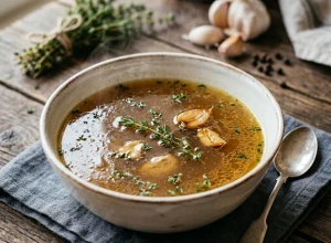 Kaulu buljons ar ķiploku un timiānu