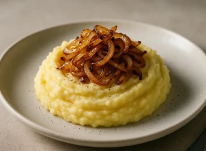 Klasiska kartupeļu biezputra ar ceptu sīpolu piedevu