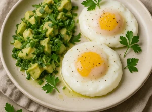Olas ar avokado un svaigiem zaļumiem