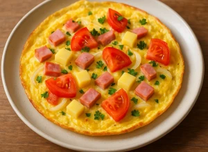 Omlete ar sieru, šķiņķi un dārzeņiem
