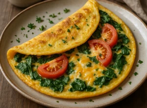Omlete ar spinātiem, tomātiem un sieru
