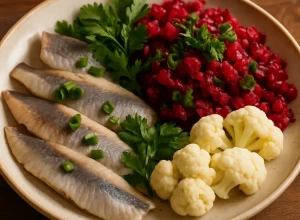 Siļķu fileja ar biešu salātiem un puķkāpostiem