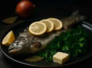 Vārīta forele ar citronu un zaļumiem