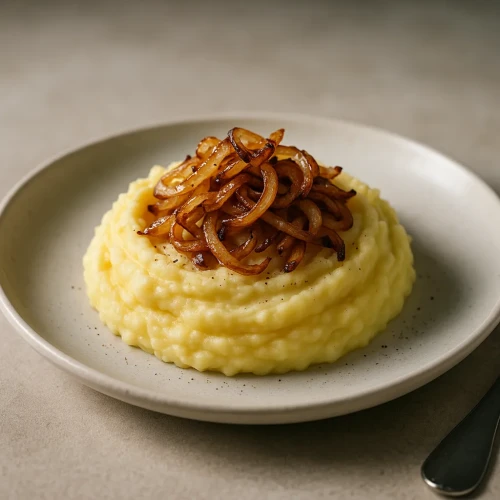 Klasiska kartupeļu biezputra ar ceptu sīpolu piedevu
