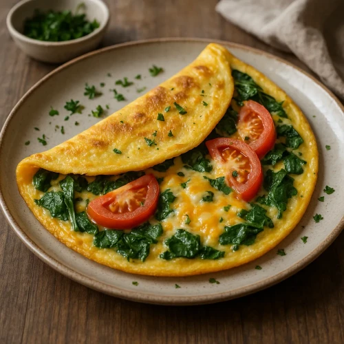 Omlete ar spinātiem, tomātiem un sieru