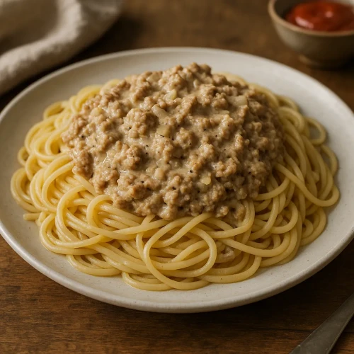Spageti ar maltās gaļas un krējuma mērci