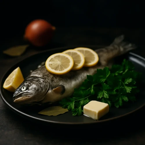 Vārīta forele ar citronu un zaļumiem